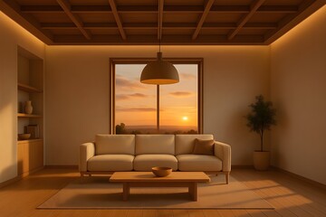 a living room decorated with wood at sunset