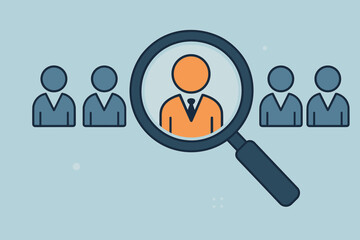 Human resource search and recruitment concept. Magnifying glass highlighting a candidate icon. Hiring, headhunting, talent acquisition, employee selection, and staffing process.