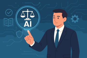 AI law and ethics concept. Businessman touching digital interface with justice scales. Artificial intelligence regulation, compliance, legal standards and business policy.
