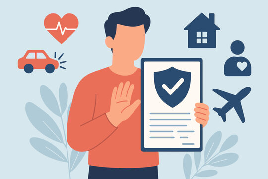 Insurance concept with man holding policy document. Icons for health, life, car accident, home, and travel insurance. Financial protection, security, and risk management.