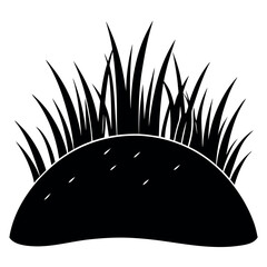 A minimalist black and white graphic features a curved, dark shape representing a grassy hill.