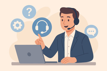 Customer support representative at call center with headset, laptop, technical support icons, communication, help desk, online assistance, business service concept, flat vector illustration