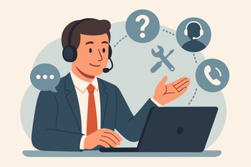 Technical support customer service concept illustration. Call center operator with headset at laptop, business helpdesk, troubleshooting, communication, assistance icons, flat vector