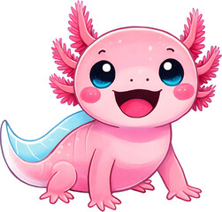 Cute Kawaii Pink Axolotl Cartoon Adorable Amphibian Clipart On Transparent Background PNG. Kawaii Axolotl