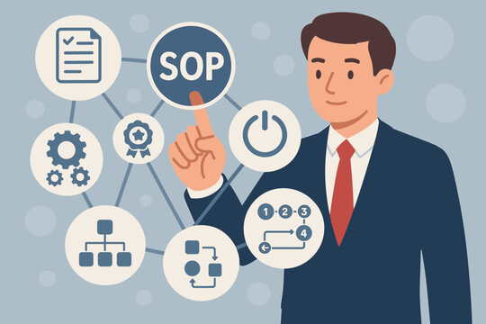SOP Standard Operating Procedure Concept Businessman Touching Virtual Interface Icons Process Management Quality Control Workflow Instructions Documentation Compliance
