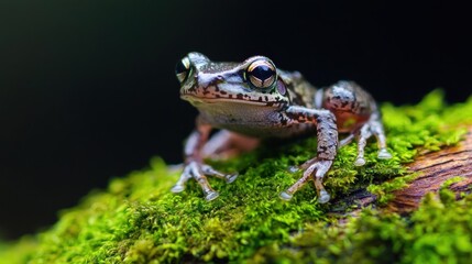 Obraz premium Close-up of a small frog sitting on a moss-covered branch. the frog is facing the camera and its body is facing towards the right side of the image.