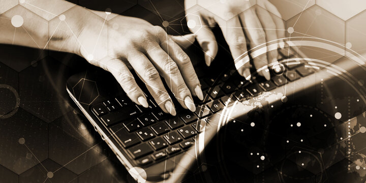 Female hands typing on laptop with network effect, geometric pattern