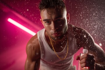 Perfume advertisement, fragrance and neon: male model spraying perfume under neon ceiling lights, droplets suspended mid-air.