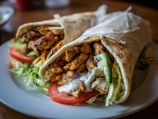 Close Up Of Grilled Chicken Shawarma Wrap With Fresh Tomato Lettuce And Creamy Garlic Sauce On White Plate. Chicken Shawarma Feast
