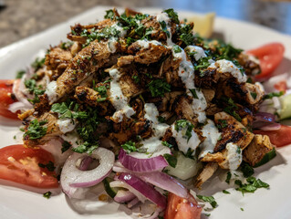 Platter Of Spiced Chicken Shawarma Strips Over Salad With Red Onion Tomato Cucumber And Tzatziki Drizzle. Chicken Shawarma Feast