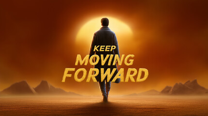 Man walking confidently towards sunset with backdrop of mountains, symbolizing resilience and optimism. Concept of motivation, personal growth, self-improvement, inspirational quotes