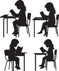 Little Girl Reading Book On Desk silhouette
