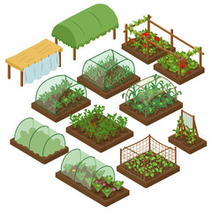 Various garden plots with vegetables and greenhouses in an isometric view  