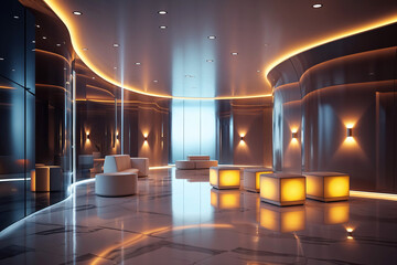 Futuristic Minimalist Hotel Lobby with Warm Ambient Lighting and Reflective Glass Wall Panels