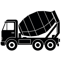 Black and white silhouette of a concrete mixer truck on a white background.