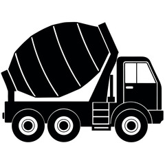 Black and white silhouette of a concrete mixer truck on a white background.