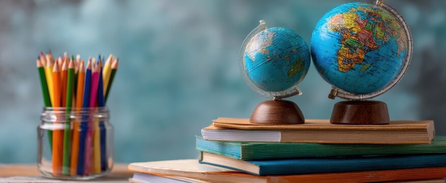 The globes and colorful pencils on stacked books in a study space.