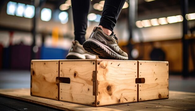 Box Jump Exercise Feet On Wooden Platform - Powered by Adobe