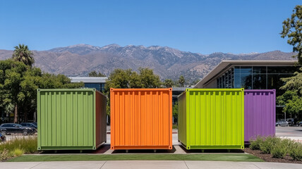 Naklejka premium Colorful shipping container, outdoor storage, modern building, mountain, sunny day, vibrant scene
