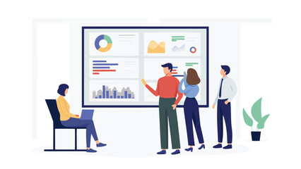 Team analyzing data on screen with charts and graphs in a business meeting presentation setting scene