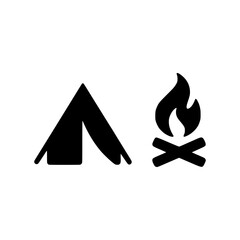 Fototapeta premium Simple black silhouette of a tent and campfire on a white background