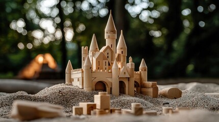 Wooden model of a castle on a sandy beach. the castle is made of light-colored wood and has multiple towers and turrets. the towers have pointed spires and the walls are made of stone.
