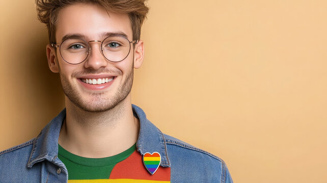 Young person with short tousled hair smiling, wearing glasses, denim jacket, rainbow heart pin