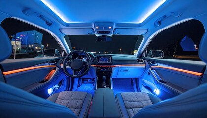 Night View Of A Modern Car Interior With Blue Lighting