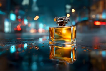 Perfume advertisement, fragrance and neon: scented trail following a floating perfume bottle in a night cityscape, urban neon lights and reflections.