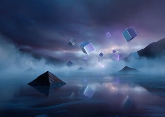 Naklejka premium Surreal abstract floating shapes with glow