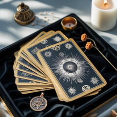 Tarot Deck with Gold Foil on Black Velvet – Premium Mystical Scene with Soft Candlelight