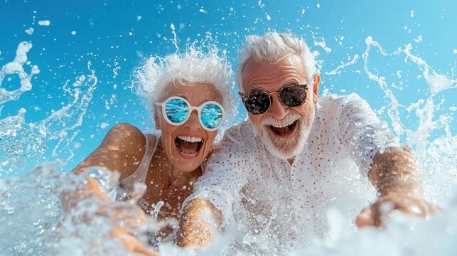 Elderly couple in a swimming pool. they are both wearing white swimsuits and sunglasses, and the man has a white beard and the woman has white hair. - Powered by Adobe