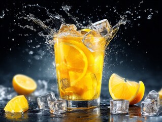 Photograph of a citrus drink with splash and ice pieces. Generative AI
