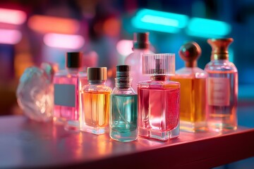Perfume advertisement, fragrance and neon: shelf full of vintage and modern perfume bottles under colorful neon lighting.