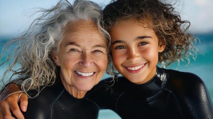 Elderly woman and a young girl on a beach. the woman is on the left side of the image, with her arm around the girl's shoulder. she is wearing a black wetsuit and has curly blonde hair.