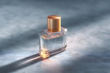 Perfume advertisement, fragrance and minimalism: simple and elegant perfume ad, transparent fragrance bottle with light reflections.