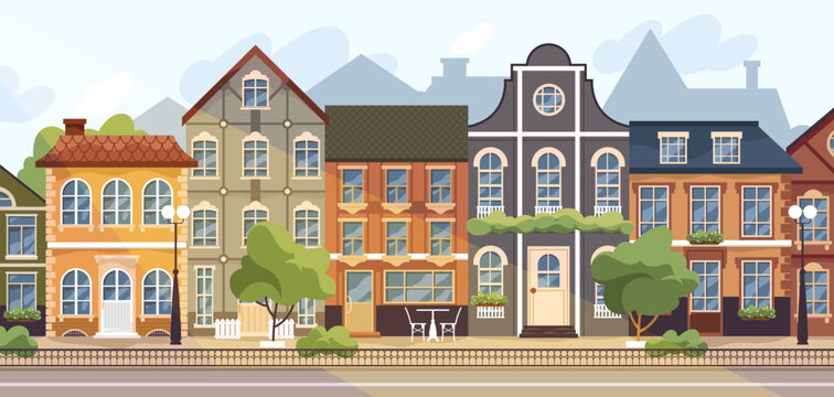 European street background. Vector vintage architecture cityscape. Retro or old town scenery with historical building or houses facade. Outdoor flat city poster for trave and tourism. Europe landmark.