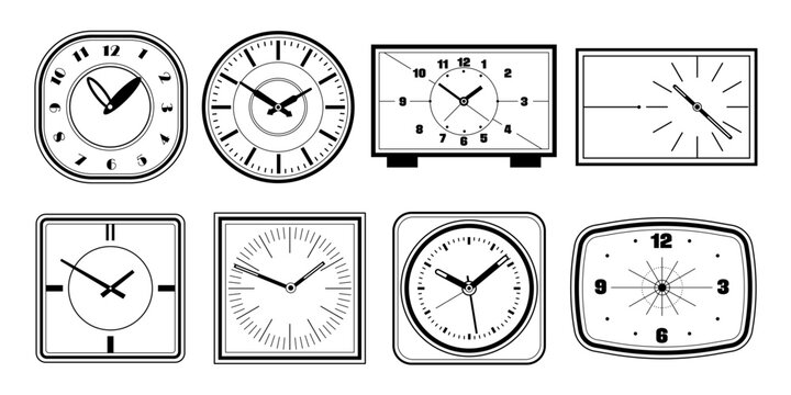 Set of clock outline. Vector round and square watch for table and wall. Desktop classic timepieces collection. Home interior design element or house decoration. Icon for timekeeping and punctuality.