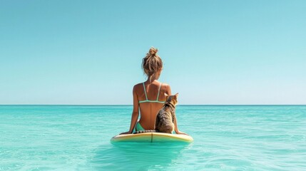 Young woman sitting on a yellow surfboard in the ocean. she is wearing a green bikini and has her hair tied up in a bun.