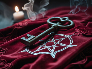 Antique Rusty Key on Pentagram Velvet – Candlelight & Magical Smoke Scene