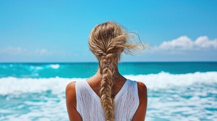Young woman standing on a beach with her back to the camera. she is wearing a white sleeveless top and her hair is styled in a fishtail braid.