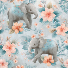 Cute Baby Elephants in Thai Floral Design Seamless Pattern for Baby Nursery or Child's Room Décor © AiiNa