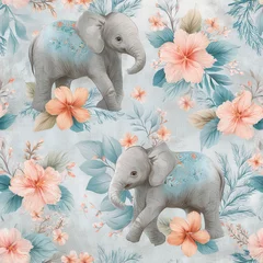 Cute Baby Elephants in Thai Floral Design Seamless Pattern for Baby Nursery or Child's Room Décor © AiiNa