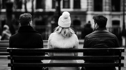 Black and white photograph of three people sitting on a bench in a park. the person in the middle is a young woman with blonde hair, wearing a knitted sweater and a white beanie.