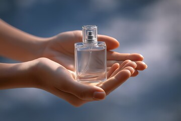Perfume advertisement, fragrance and minimalism: simple documentary-style shot of hands holding a perfume bottle, natural light, soft background.