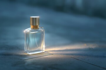 Perfume advertisement, fragrance and minimalism: simple and elegant perfume ad, transparent fragrance bottle with light reflections.