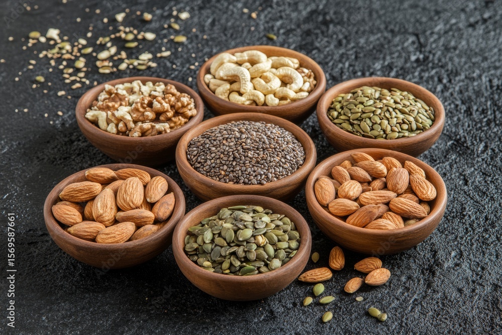 Poster an array of small bowls filled with various healthy nuts and seeds is beautifully arranged on a dark