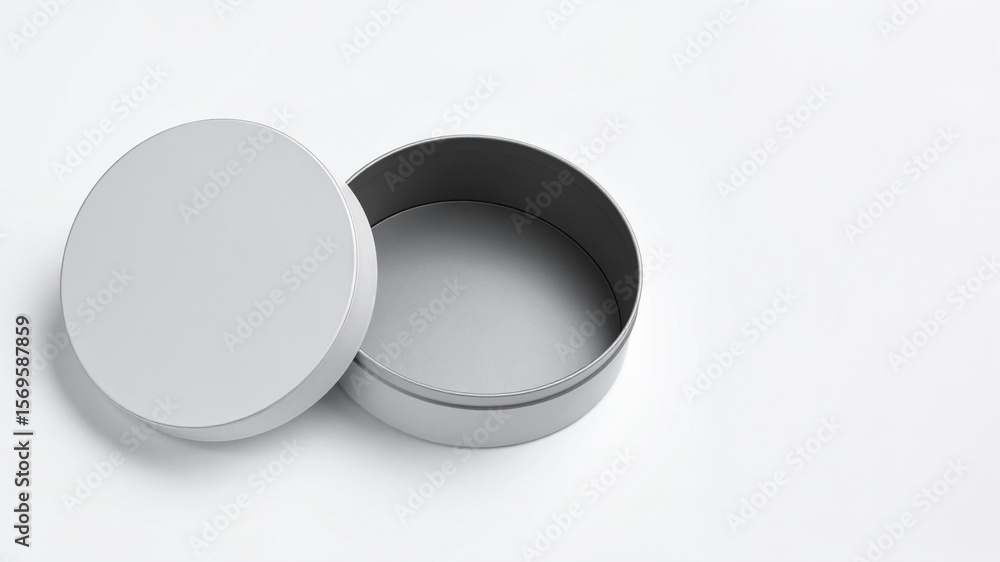 Poster a simple, open round tin container with a slightly detached lid. clean and versatile for showcasing 