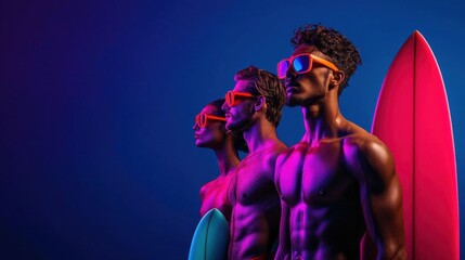 Three young men standing side by side, each holding a surfboard. they are all shirtless and appear to be standing in front of a blue background.