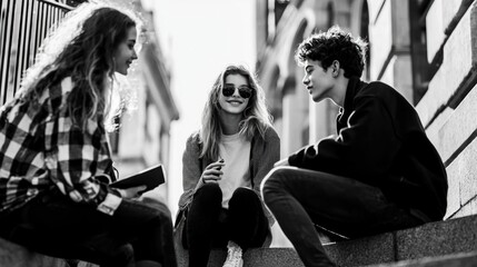 Black and white photograph of three young people sitting on a stone staircase. the person on the left is a young woman with long curly hair, wearing a plaid shirt and holding a tablet.
